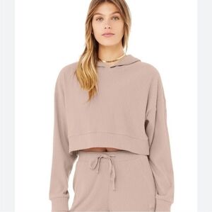 Alo Yoga Muse Ribbed Cropped Longsleeve Hoodie Dusty Pink XS